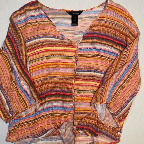 Ali Miles Colorful Striped Tie-Up Front Top Womens L Wide Dolman Sleeve V-Neck - Picture 4 of 6